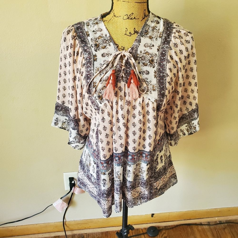 Knox Rose Paisley Boho Peasant Blouse XS Multicolored Tassel Tie Top Cottagecore